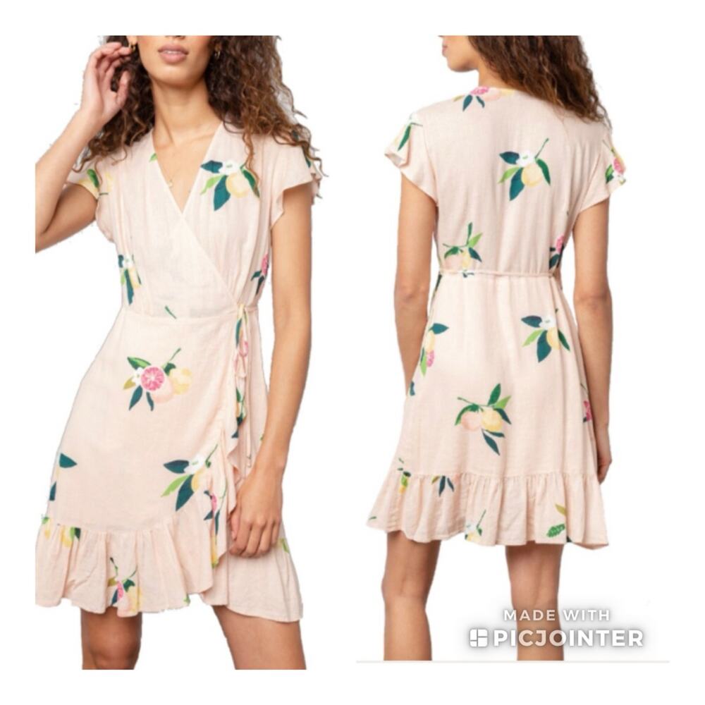 Rails Koreen Wrap Dress Ruffle Flutter Pink Grapefruit Print Linen Blend Size S